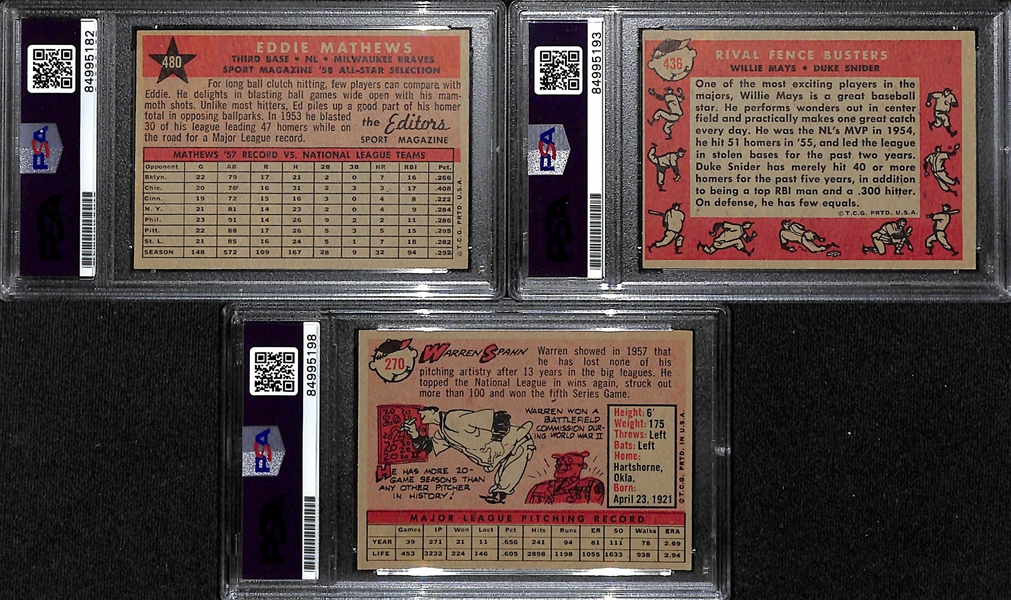 (3) 1958 Topps Signed Cards w. Eddie Mathews, Duke Snider, and Warren Spahn (PSA/DNA Certified)