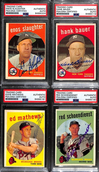 (4) 1959 Topps Signed Cards w. Enos Slaughter, Hank Bauer, Eddie Mathews, and Red Schoendienst. (PSA/DNA Certified)