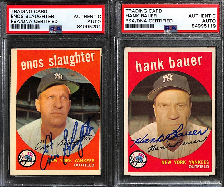 (4) 1959 Topps Signed Cards w. Enos Slaughter, Hank Bauer, Eddie Mathews, and Red Schoendienst. (PSA/DNA Certified)