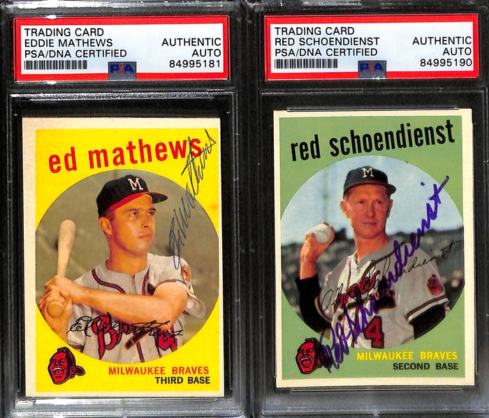 (4) 1959 Topps Signed Cards w. Enos Slaughter, Hank Bauer, Eddie Mathews, and Red Schoendienst. (PSA/DNA Certified)