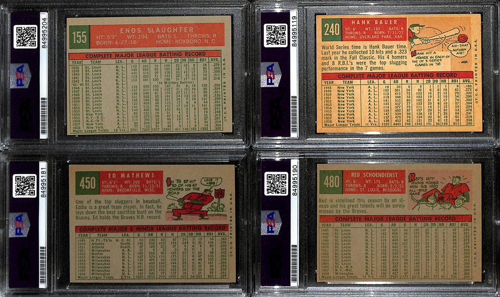 (4) 1959 Topps Signed Cards w. Enos Slaughter, Hank Bauer, Eddie Mathews, and Red Schoendienst. (PSA/DNA Certified)