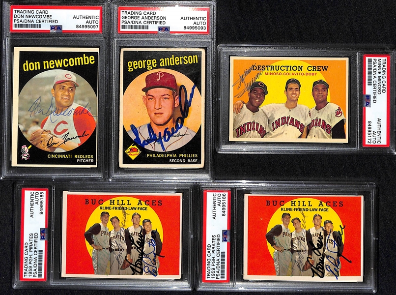 (5) 1959 Topps Signed Cards w. Don Newcombe, George Anderson, Minnie Minoso and (2) Pittsburgh Pirates. (PSA/DNA Certified)