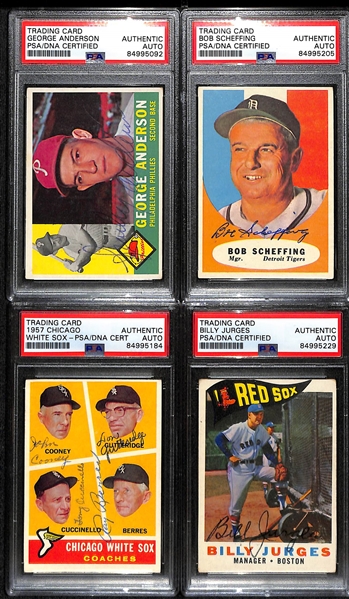 (4) 1960 + 1961 Topps Signed Cards w. George Anderson, Bob Scheffing, Billy Jurges, and The Chicago White Sox Coaches (Cooney, Gutteridge, Cuccinello, Berres). (PSA/DNA Certified)