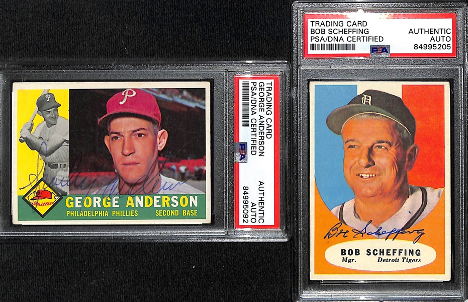 (4) 1960 + 1961 Topps Signed Cards w. George Anderson, Bob Scheffing, Billy Jurges, and The Chicago White Sox Coaches (Cooney, Gutteridge, Cuccinello, Berres). (PSA/DNA Certified)