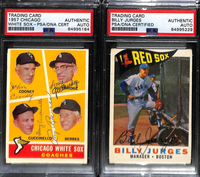 (4) 1960 + 1961 Topps Signed Cards w. George Anderson, Bob Scheffing, Billy Jurges, and The Chicago White Sox Coaches (Cooney, Gutteridge, Cuccinello, Berres). (PSA/DNA Certified)