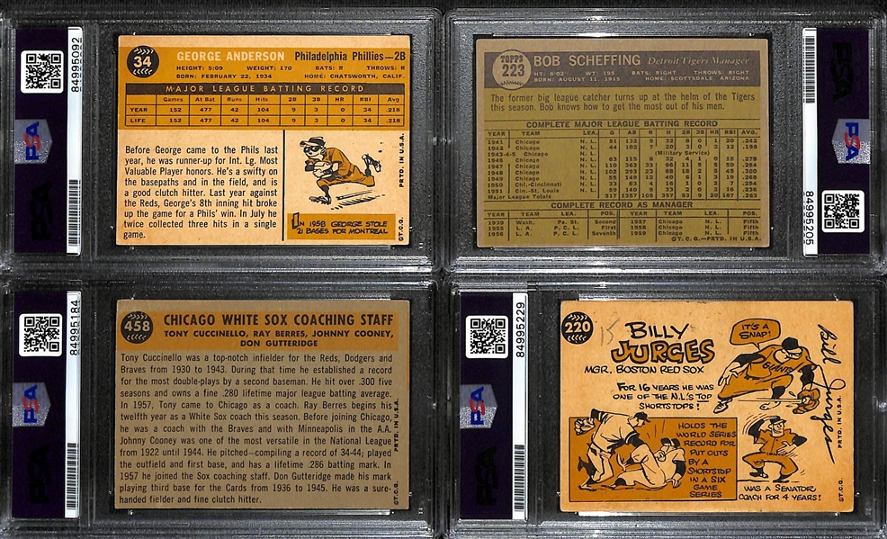 (4) 1960 + 1961 Topps Signed Cards w. George Anderson, Bob Scheffing, Billy Jurges, and The Chicago White Sox Coaches (Cooney, Gutteridge, Cuccinello, Berres). (PSA/DNA Certified)