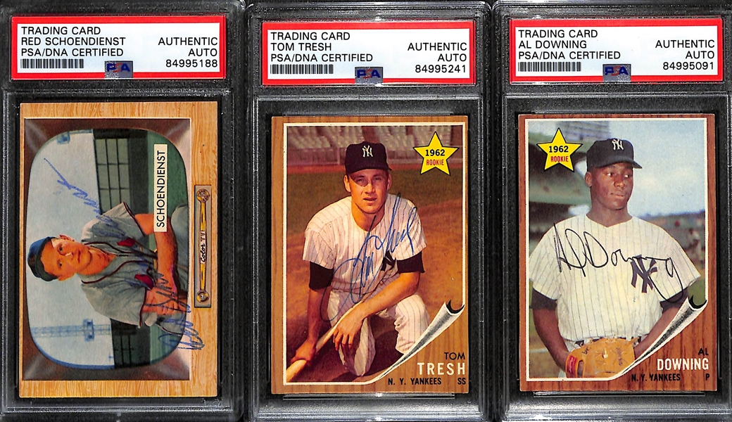 (3) 1955 Bowman Signed Cards w. Red Schoendienst, Tom Tresh, and Al Downing. (PSA/DNA Certified)