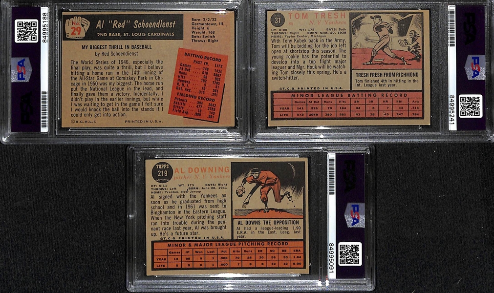 (3) 1955 Bowman Signed Cards w. Red Schoendienst, Tom Tresh, and Al Downing. (PSA/DNA Certified)