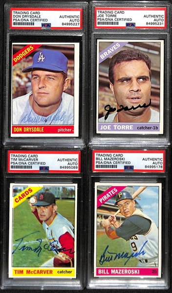 (4) 1966 Topps Signed Cards w. Don Drysdale, Joe Torre, Tim McCarver, and Bill Mazeroski. (PSA/DNA Certified)