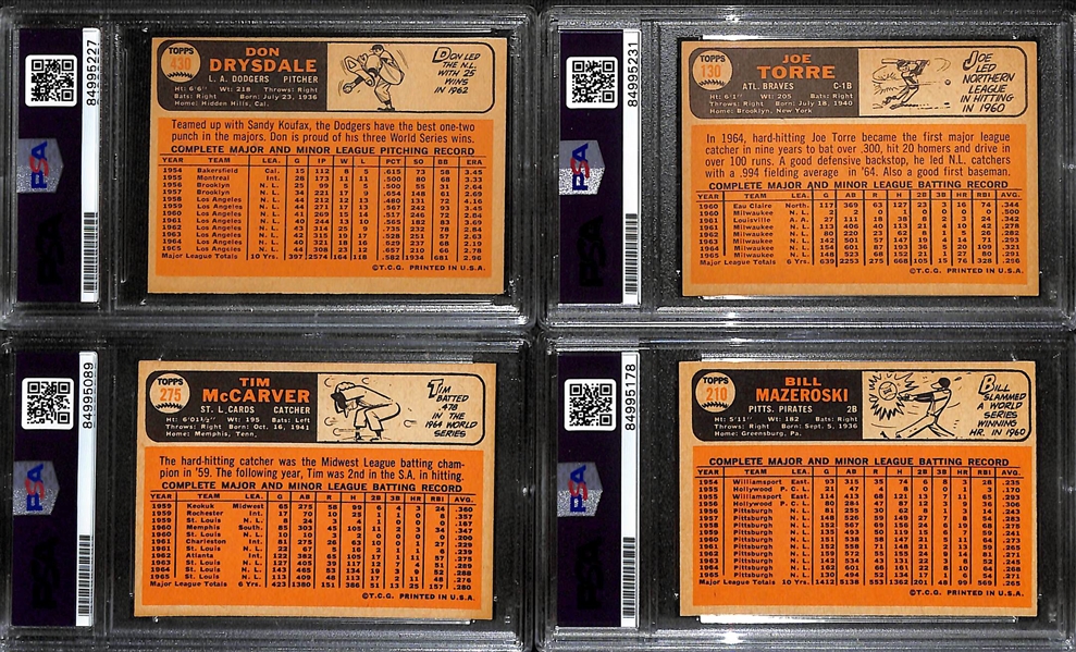 (4) 1966 Topps Signed Cards w. Don Drysdale, Joe Torre, Tim McCarver, and Bill Mazeroski. (PSA/DNA Certified)