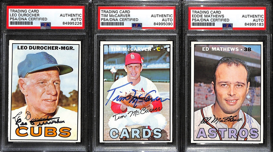 (3) 1967 Topps Signed Cards w. Leo Durocher, Tim McCarver, and Eddie Mathews. (PSA/DNA Certified) 