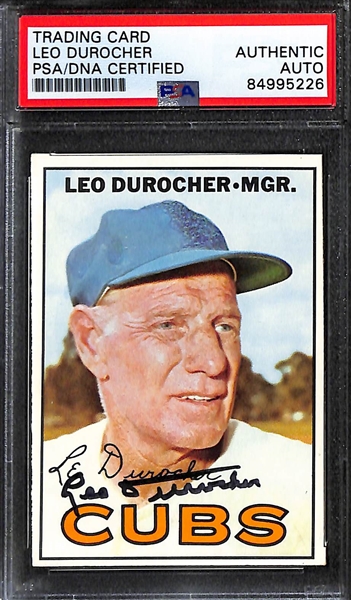 (3) 1967 Topps Signed Cards w. Leo Durocher, Tim McCarver, and Eddie Mathews. (PSA/DNA Certified) 