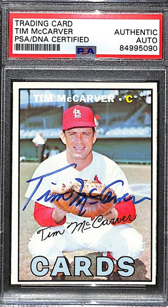 (3) 1967 Topps Signed Cards w. Leo Durocher, Tim McCarver, and Eddie Mathews. (PSA/DNA Certified) 