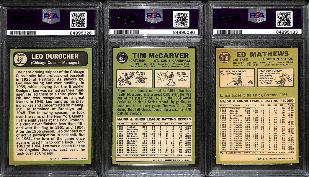 (3) 1967 Topps Signed Cards w. Leo Durocher, Tim McCarver, and Eddie Mathews. (PSA/DNA Certified) 