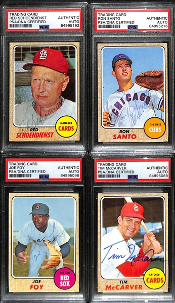 (4) 1968 Topps Signed Cards w. Red Schoendienst, Ron Santo, Joe Foy, and Tim McCarver. (PSA/DNA Certified) 