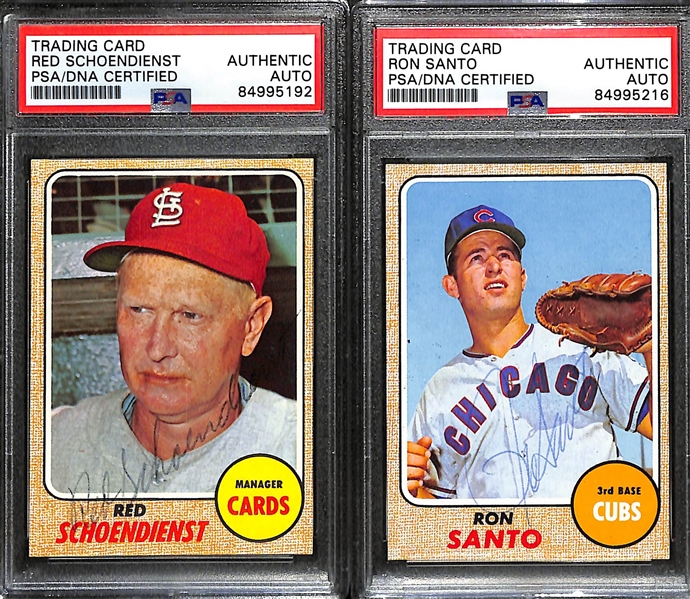 (4) 1968 Topps Signed Cards w. Red Schoendienst, Ron Santo, Joe Foy, and Tim McCarver. (PSA/DNA Certified) 