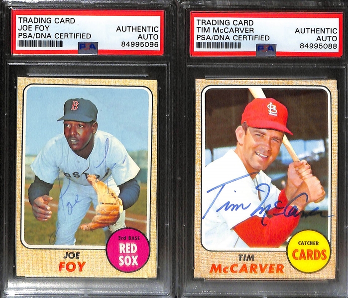 (4) 1968 Topps Signed Cards w. Red Schoendienst, Ron Santo, Joe Foy, and Tim McCarver. (PSA/DNA Certified) 