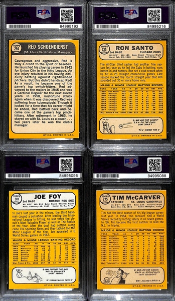 (4) 1968 Topps Signed Cards w. Red Schoendienst, Ron Santo, Joe Foy, and Tim McCarver. (PSA/DNA Certified) 