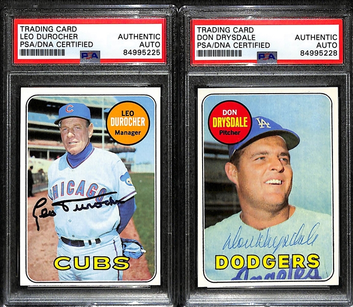 (2) 1969 Topps Signed Cards w. Leo Durocher & Don Drysdale. (PSA/DNA Certified)