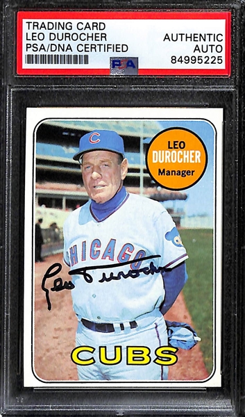 (2) 1969 Topps Signed Cards w. Leo Durocher & Don Drysdale. (PSA/DNA Certified)