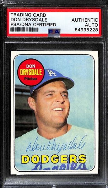 (2) 1969 Topps Signed Cards w. Leo Durocher & Don Drysdale. (PSA/DNA Certified)