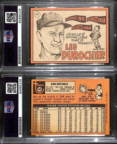 (2) 1969 Topps Signed Cards w. Leo Durocher & Don Drysdale. (PSA/DNA Certified)