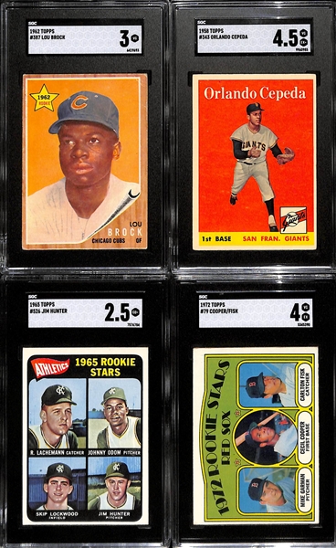 (4) Card Topps Rookie Lot - 1962 Lou Brock (SGC 2), 1958 Orlando Cepeda (SGC 4.5), 1965 Catfish Hunter (SGC 2.5), 1972 Carlton Fisk (SGC 4)