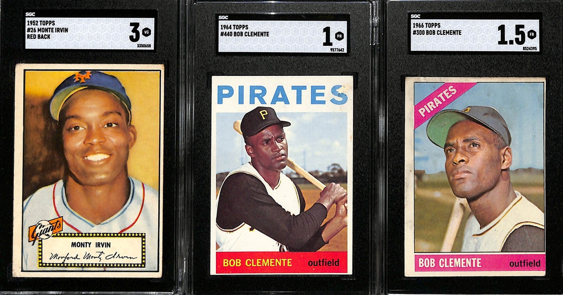 Graded Lot - 1952 Topps Monte Irvin (SGC 3), 1964 Topps Roberto Clemente (SGC 1), 1966 Topps Roberto Clemente (SGC 1.5)