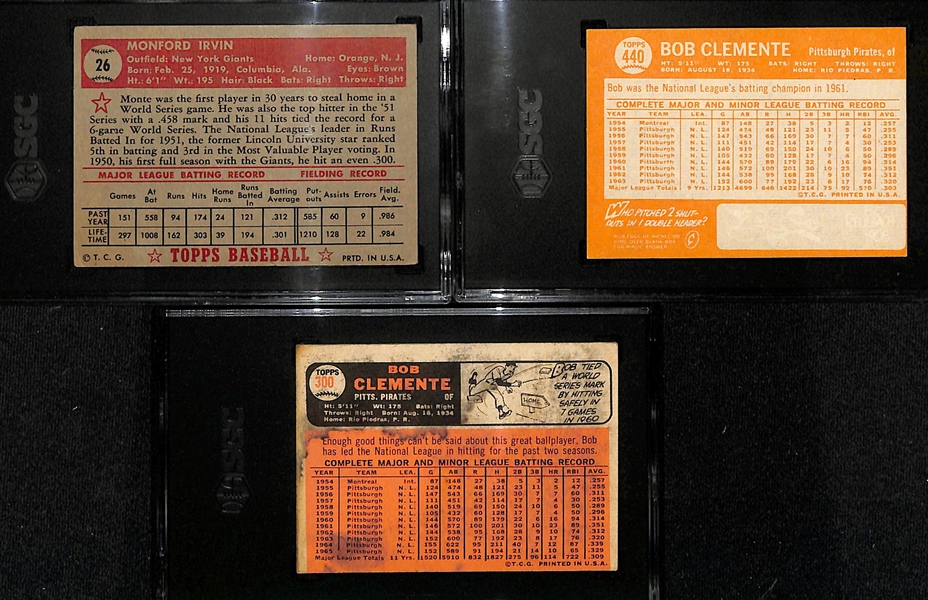 Graded Lot - 1952 Topps Monte Irvin (SGC 3), 1964 Topps Roberto Clemente (SGC 1), 1966 Topps Roberto Clemente (SGC 1.5)