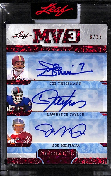 2023 Leaf Superlative Joe Theismann/Lawrence Taylor/Joe Montana MV3 Triple Autograph Card Red (#/15)