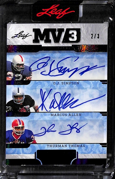 2023 Leaf Superlative OJ Simpson/Marcus Allen/Thurman Thomas MV3 Triple Autograph Card Black (#/3)