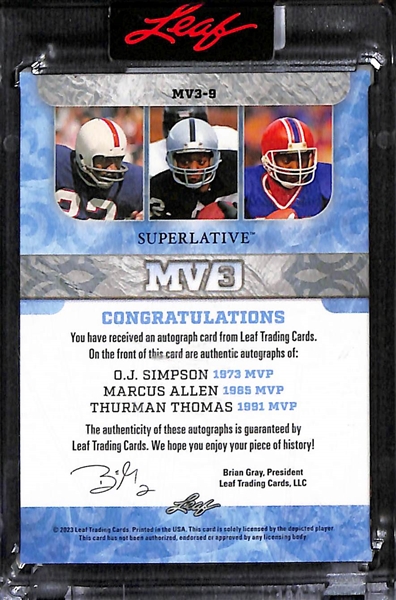 2023 Leaf Superlative OJ Simpson/Marcus Allen/Thurman Thomas MV3 Triple Autograph Card Black (#/3)