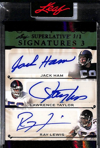 2023 Leaf Superlative Jack Ham/Lawrence Taylor/Ray Lewis MV3 Triple Autograph Card Black (#/3)