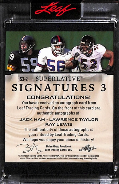 2023 Leaf Superlative Jack Ham/Lawrence Taylor/Ray Lewis MV3 Triple Autograph Card Black (#/3)