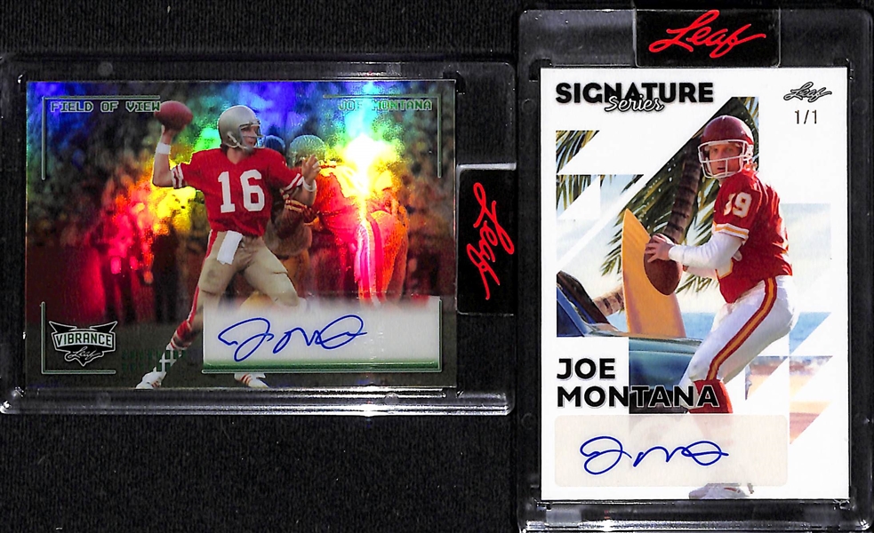 Lot of (2) 2023 Leaf Joe Montana Autograph Cards- 2023 Vibrance Field of View (#/15), 2023 Signature Series (#/1)