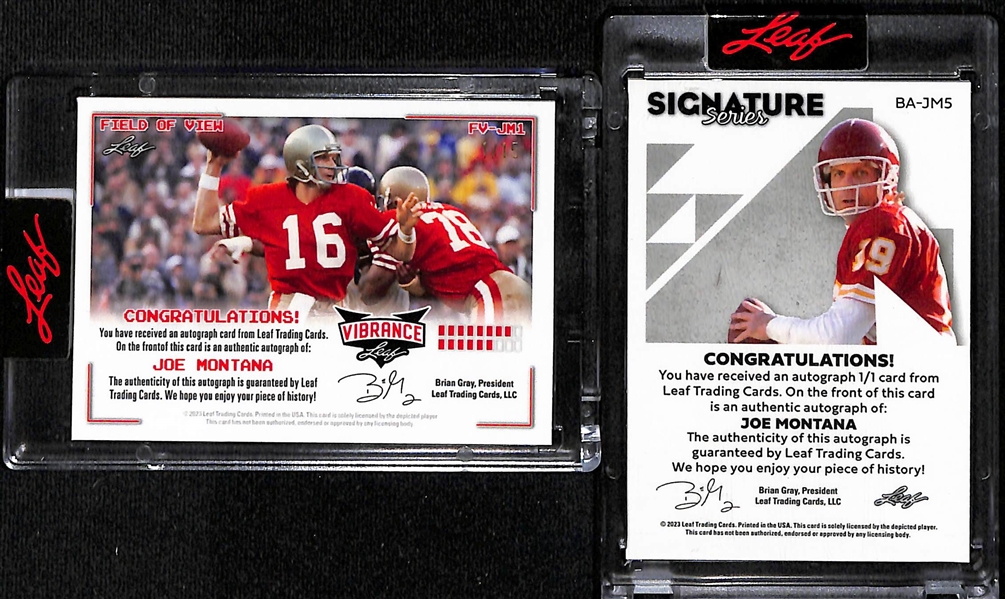 Lot of (2) 2023 Leaf Joe Montana Autograph Cards- 2023 Vibrance Field of View (#/15), 2023 Signature Series (#/1)