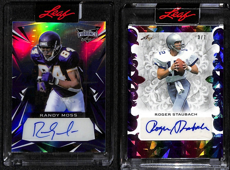 Lot of (2) 2023 Leaf Hall of Fame Football Autographs inc Vibrance Randy Moss (#/20), Superlative Roger Staubach (#/7)