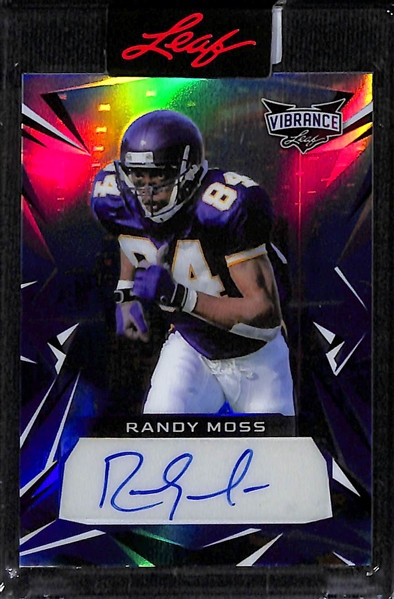 Lot of (2) 2023 Leaf Hall of Fame Football Autographs inc Vibrance Randy Moss (#/20), Superlative Roger Staubach (#/7)