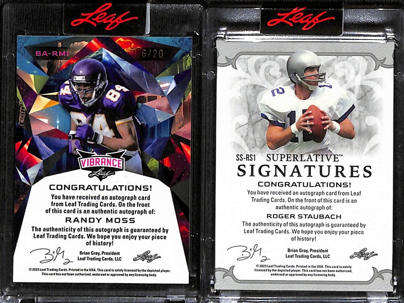 Lot of (2) 2023 Leaf Hall of Fame Football Autographs inc Vibrance Randy Moss (#/20), Superlative Roger Staubach (#/7)