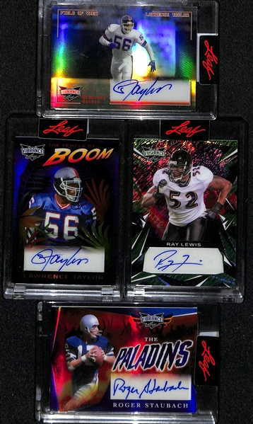 Lot of (4) 2023 Leaf Vibrance Hall of Fame Football Autographs inc. Field of View Lawrence Taylor (#/6), The Temple of Boom Lawrence Taylor (#/12), Ray Lewis (#/7), The Paladins Roger Staubach (#/15)