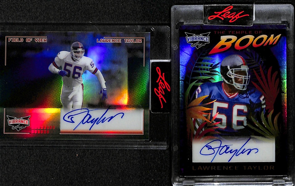 Lot of (4) 2023 Leaf Vibrance Hall of Fame Football Autographs inc. Field of View Lawrence Taylor (#/6), The Temple of Boom Lawrence Taylor (#/12), Ray Lewis (#/7), The Paladins Roger Staubach (#/15)