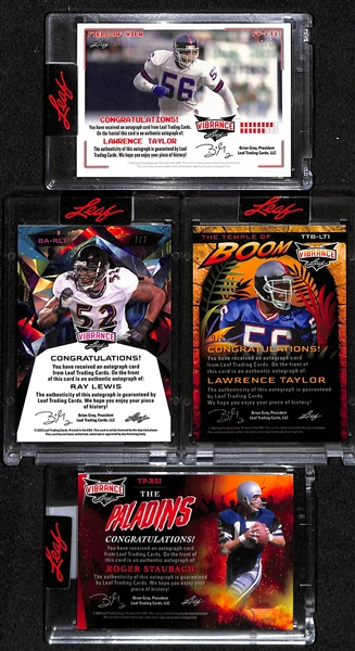 Lot of (4) 2023 Leaf Vibrance Hall of Fame Football Autographs inc. Field of View Lawrence Taylor (#/6), The Temple of Boom Lawrence Taylor (#/12), Ray Lewis (#/7), The Paladins Roger Staubach (#/15)