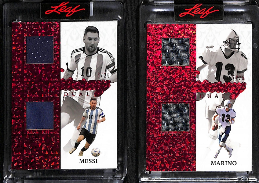 Lot of (2) Leaf Superlative Aristocracy Jersey Patch Cards- Lionel Messi (#/25), Dan Marino (#/25)