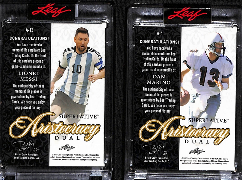 Lot of (2) Leaf Superlative Aristocracy Jersey Patch Cards- Lionel Messi (#/25), Dan Marino (#/25)