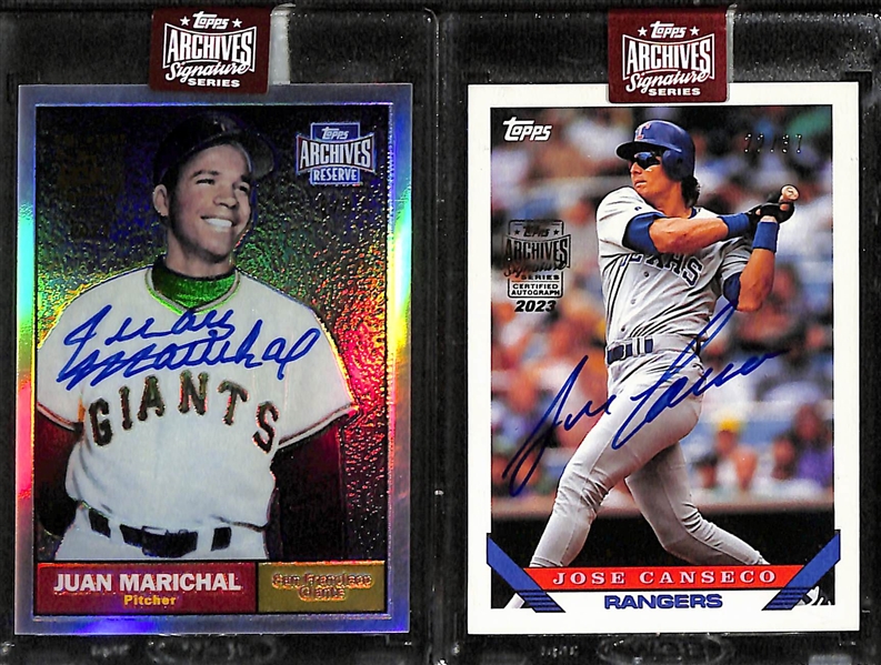 Lot of (8) 2023 Archives Signature Series Buyback Autographs inc. (2001 Topps Archives Reserve) Juan Marichal (#/9), (1993 Topps) Jose Canseco (#/37), (2012 Topps) Dontrelle Willis (#/98), +