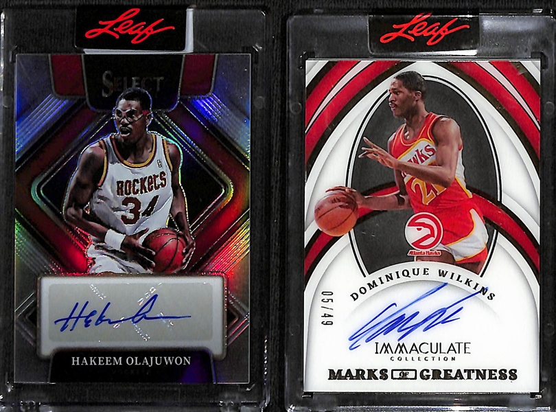 Lot of (4) Basketball Autographs inc. 2021-22 Select Hakeem Olajuwon (#/149), 2021-22 Immaculate Dominique Wilkins Marks of Greatness (#/50), +