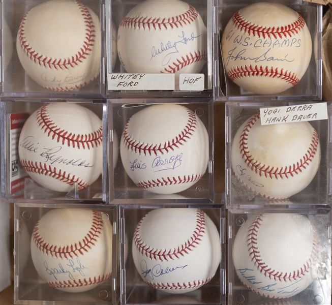 Lot of (9) Yankees Signed Baseballs w. Whitey Ford, Berra/Bauer, Sain, Carey, Reynolds, Arroyo, Lyle, Coleman, Turley (JSA Auction Letter)