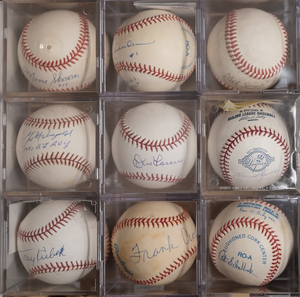 Lot of (9) Yankees Signed Baseballs w. Larsen, Richardson, Crosetti, Skowron, Schallock, McDougald, Bauer, Kubek, Stottlemyre (JSA Auction Letter)