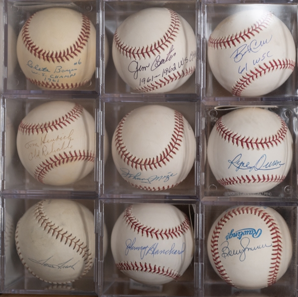 Lot of (9) Yankees Signed Baseballs w. Mize, Tresh, Blanchard, Murcer, Cerv, Coates, Boyer, Henrich, Duren (JSA Auction Letter)