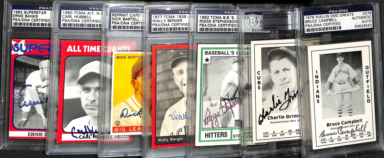 (7) Signed Cards - Ernie Banks, Carl Hubbell, Dick Bartell, Wally Burger, Riggs Stephenson, Charlie Grimm, Bruce Campbell (All Slabbed Authentic PSA/DNA)